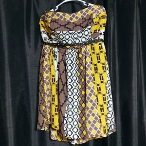 Strapless brown, yellow, and white print dress